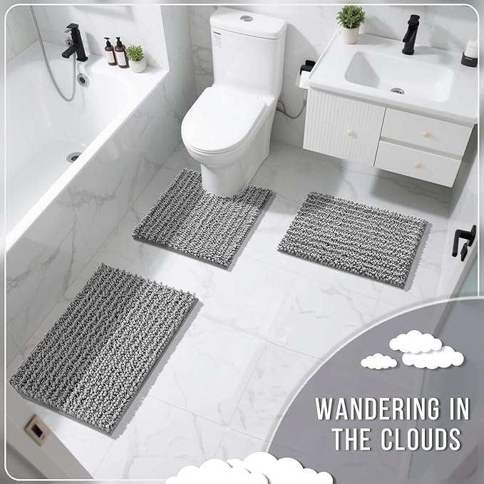 Yimobra Bathroom Rugs Non Slip Washable 24x17 Inch - Ultra Soft Absorbent Chenille Bath Mat, Quick Dry Shaggy Floor Carpet for Tub Shower, Gray Home Decor Accessories
