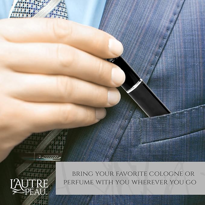 L'AUTRE PEAU Refillable Perfume & Cologne Fine Mist Atomizers with Metallic Exterior & Glass Interior - Portable Travel Size - 3ml Squeeze Transfer Pipette Included - 4 Pc Pack of 5ml (Black)