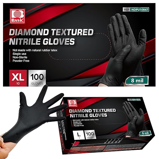 Jointown Basic Heavy Duty Nitrile Gloves, Mechanic Gloves 8 Mil Nitrile Disposable, with Raised Diamond Texture, Case of 100, Black, Large