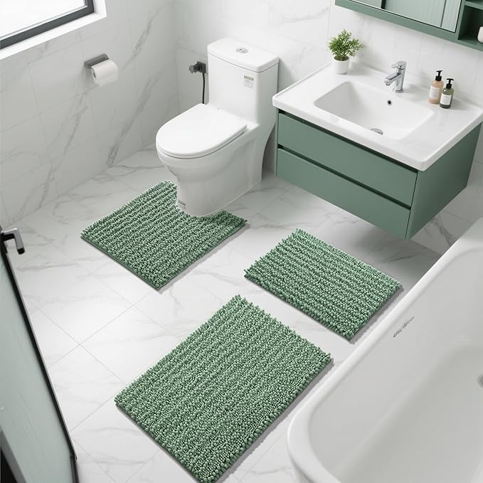Yimobra Bathroom Rugs Non Slip Washable 24x17 Inch - Ultra Soft Absorbent Chenille Bath Mat, Quick Dry Shaggy Floor Carpet for Tub Shower, Green Home Decor Accessories