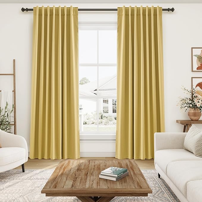 Blackout Gold Linen Curtains 120 Inch Long Thermal Insulated 2 Panels Farmhouse Back Tab Extra Long 10 FT Draperies Light Blocking Darkening Living Room Curtains for High Ceiling Bedrooms 52X120