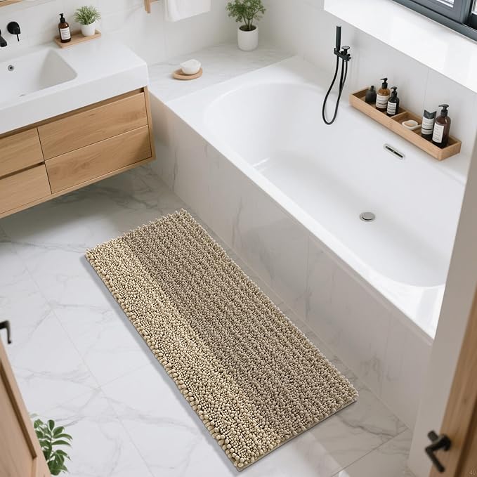 Yimobra Bathroom Runner Rug 55x24 Inch - Extra Long Non Slip Chenille Bath Mat, Soft & Absorbent, Machine Washable Shaggy Hallway Carpet for Vanity Tub Shower, Pale Khaki Home Decor Accessories