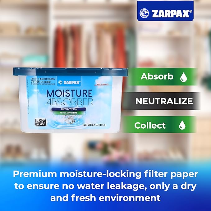 Moisture Absorber Fresh Cotton 6.5 oz/185g | Removes Moisture, Damp & Humidity | Odor Absorber With Fresh Cotton Fragrance | Moisture Trap for Bathroom, Closet, Kitchen | Set of 6
