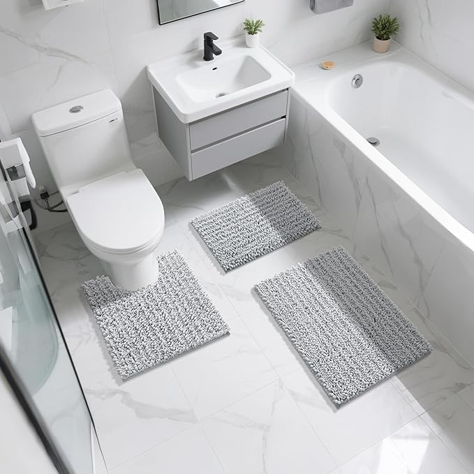 Yimobra Bathroom Rugs Non Slip Washable 24x17 Inch - Ultra Soft Absorbent Chenille Bath Mat, Quick Dry Shaggy Floor Carpet for Tub Shower, Silver Home Decor Accessories