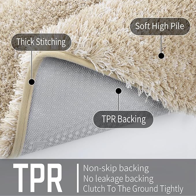 Yimobra Bathroom Rug Set 2 Piece, Soft Absorbent Microfiber Bath Mat Set, Non Slip Machine Washable Dry, Plush Shaggy Shower Rugs for Bathroom Floor, 32"x20"+24"x17", Light Beige & White