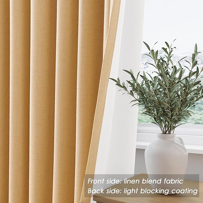 Camel Linen Blackout Curtains 120 Inch Length 2 Panels Set Burg Extra Long 10 Ft Back Tab Pocket Drapes Cotton Textured Total Sun Blocking Curtains for Living Room Cottage High Window 52x120