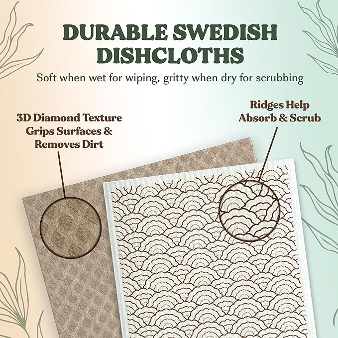 FEBU Swedish Dishcloths for Kitchen | 5 Pack Floral Reusable Paper Towels Washable | Swedish Dish Towels | Non-Scratch Cellulose Sponge Cloths | No Odor, Biodegradable Cleaning Cloths