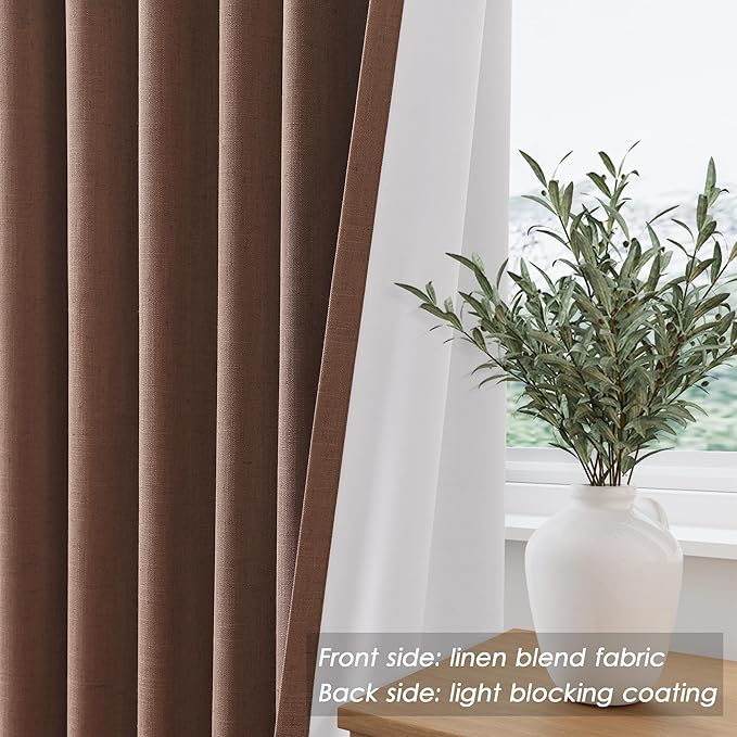 Caramel Brown Linen Curtains 90 inch Length 2 Panels Set for Bedroom Thermal Insulated 100% Blackout Linen Drapes Back Tab Neutral Rustic Modern Farmhouse Room Darkening Curtain 52x90