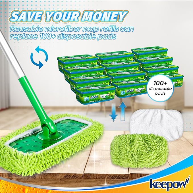 KEEPOW Reusable Dry Sweeping Cloths Compatible with Swiffer Sweeper, Wet Mopping Cloths Washable Microfiber Mop Pads Refills for Hard-Surface/Hardwood Floor Cleaning, 2-Pack (Mop is Not Included)