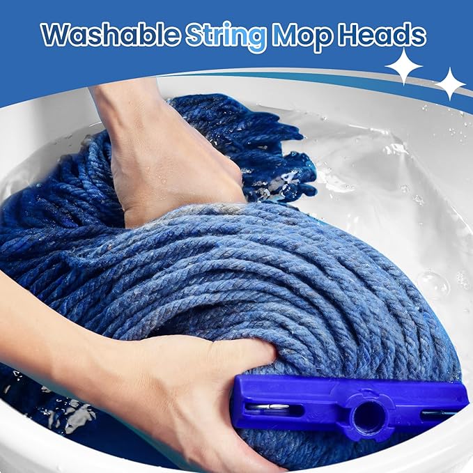 Matthew Cleaning Screw-on Heavy Duty Cotton Wet Mop Replacement Heads(Blue, Large,6 Pack) with 2 Pack Microfiber Cloth for Residential & Commercial Floor Cleaning Use- Fit Standard American Screw