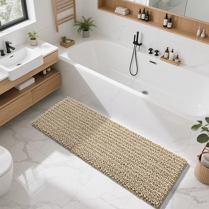 Yimobra Bathroom Runner Rug 60x24 Inch - Extra Long Non Slip Chenille Bath Mat, Soft & Absorbent, Machine Washable Shaggy Hallway Carpet for Vanity Tub Shower, Pale Khaki Home Decor Accessories