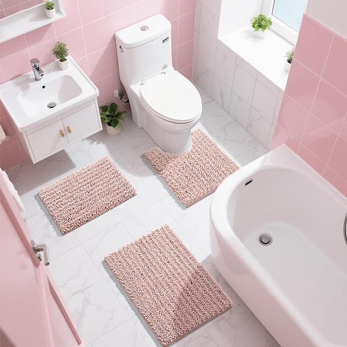 Yimobra Bathroom Rugs Non Slip Washable 24x17 Inch - Ultra Soft Absorbent Chenille Bath Mat, Quick Dry Shaggy Floor Carpet for Tub Shower, Light Pink Home Decor Accessories
