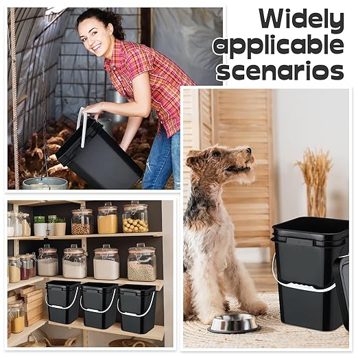Vesici 12 Pcs Black 5 Gallon Square Bucket Pail with Plastic Handle and Lid Heavy Duty Storage Food Container with DIY Label Sticker for Food Multipurpose Paint Water Art Crafts Project