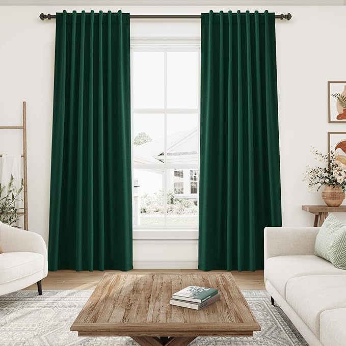 Nanspring 100% Blackout Curtains 2 Panels Set Back Tab Dark Green Window Curtains 102 Inches Long Full Black Out Cotton Textured Linen Curtains Thermal Insulated for Living Room 52x102