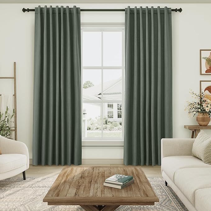 Olive Green Linen 100% Black Out Curtains 108 Inches Long 2 Panels Set for Bedroom Boho Farmhouse Back Tab Thermal Insulated Energy Efficient Curtains Living Room High Ceiling Length 9 FT 52x108