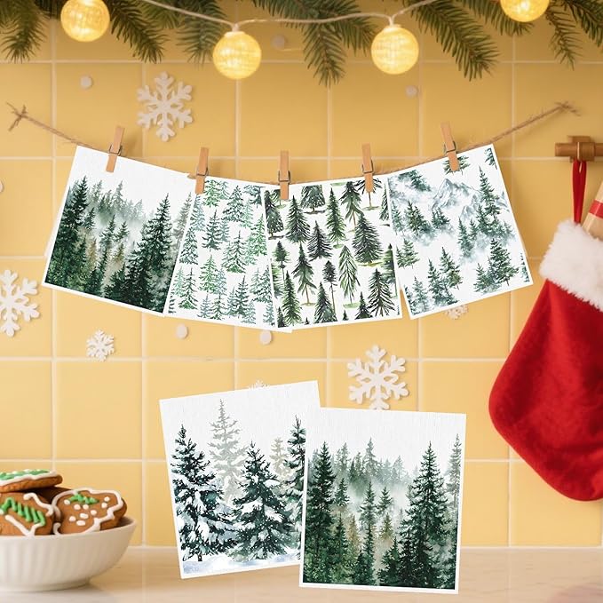 Forest Swedish Dishcloths for Kitchen - 6PCS Watercolor Forest Swedish Cloths for Washing Dishes, Winter Christmas Reusable Dish Towels, Pine Tree Washable Cleaning Sponge Fast Drying