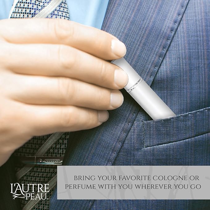 L'AUTRE PEAU Refillable Perfume & Cologne Fine Mist Atomizers with Metallic Exterior & Glass Interior - Portable Travel Size - 3ml Squeeze Transfer Pipette Included - 4 Pc Pack of 5ml (Silver)