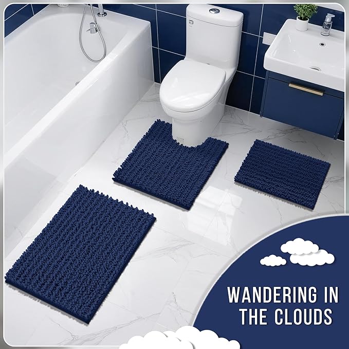 Yimobra Bathroom Rugs Non Slip Washable 24x17 Inch - Ultra Soft Absorbent Chenille Bath Mat, Quick Dry Shaggy Floor Carpet for Tub Shower, Navy Blue Home Decor Accessories