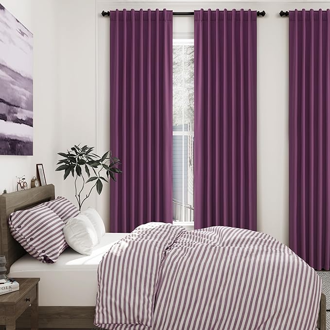 Nanspring Full Blackout Linen Purple Curtains 90 Inches Long for Living Room Patio Sliding Door Back Tab 100% Black Out Bedroom Curtains Boho Elegant Modern Window Curtain Panels Set of 2 52x90 Inch