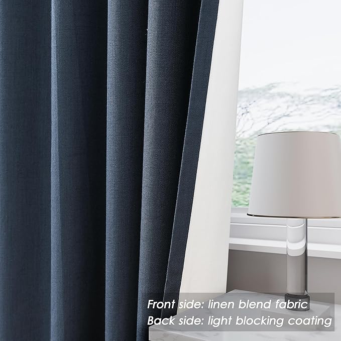 Vintage Blue Linen Blackout Curtains 120 Inch Length 2 Panels Set Burg Extra Long 10 Ft Back Tab Pocket Drapes Cotton Textured Total Sun Blocking Curtains for Living Room Cottage High Window 52x120