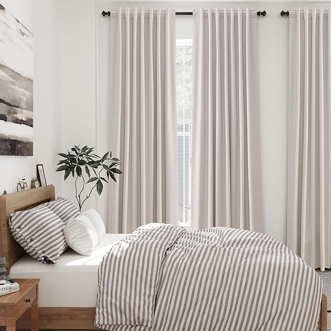 Extra Long Blackout Curtains 108 Inches Long Champagne Modern Linen Back Tab Curtains for Sliding Glass Doors Thermal Darkening Light Blocking Floor Length Windows Drapes with White Liner 52x108
