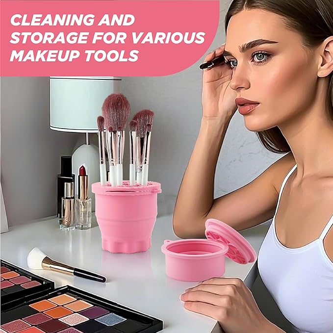 Makeup Brush Cleaner - Foldable Silicone Makeup Brush Cleaner Mat with Brush Storage Holder Makeup Brush Cleaning Bowl Cosmetic Brush Washing Tool for Cleaning Organizer and Drying (Pink)