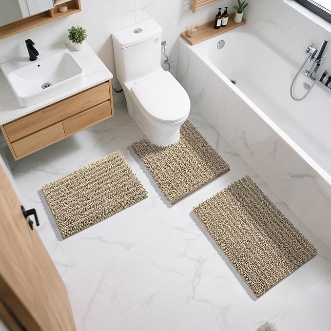 Yimobra Bathroom Rugs Non Slip Washable 32x20 Inch - Ultra Soft Absorbent Chenille Bath Mat, Quick Dry Shaggy Floor Carpet for Tub Shower, Pale Khaki Home Decor Accessories