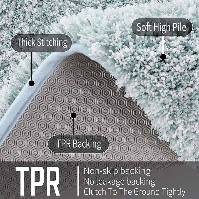 Yimobra Bathroom Rug Set 2 Piece, Soft Absorbent Microfiber Bath Mat Set, Non Slip Machine Washable Dry, Plush Shaggy Shower Rugs for Bathroom Floor, 32"x20"+24"x17", Sky Light Blue & White
