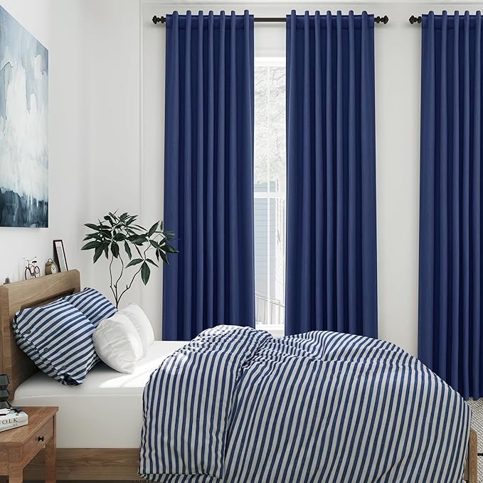 100% Blackout Linen Curtains 108 Inch Long 2 Panels Classic Blue Back Tab Modern Urban Noise Cancelling Thermal Insulated Total Light Blocking Window Curtains for Bedroom High Ceiling Spaces 52X108