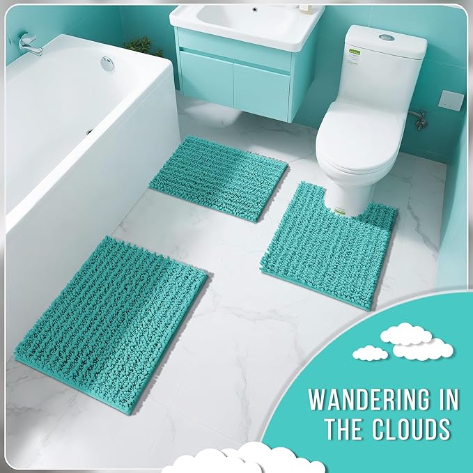 Yimobra Bathroom Rugs Non Slip Washable 24x17 Inch - Ultra Soft Absorbent Chenille Bath Mat, Quick Dry Shaggy Floor Carpet for Tub Shower, Lake Blue Home Decor Accessories