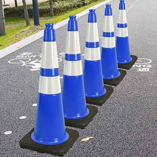 Fluorescent Orange/Green PVC Traffic Cones, Heavy Black Base Parking Lot Cone Structurally Stable Weatherproof Road Construction Safety Cones (8, Blue, 28" Large)