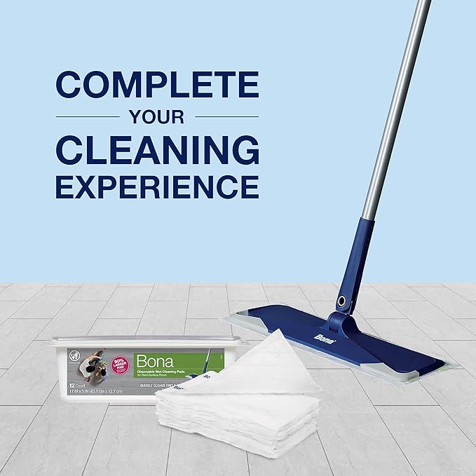 Bona Multi-Surface Floor Disposable Wet Cleaning Pads - 12-Pack - Residue-Free Floor Cleaning Solution for Stone, Tile, Laminate, and Vinyl Floors