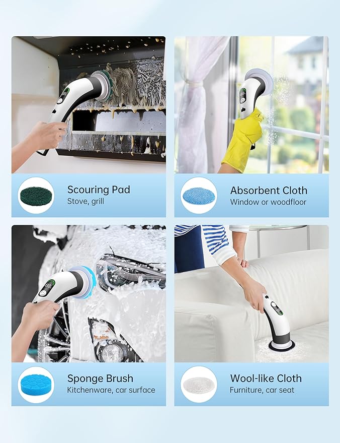 Electric Spin Scrubber with LED Display, IPX7 Waterproof Powerful Shower Scrubber, 2H Runtime, 2 Speeds, Adjustable Handle, 8 Brush Heads for Bathtub Tile Car-Black and White