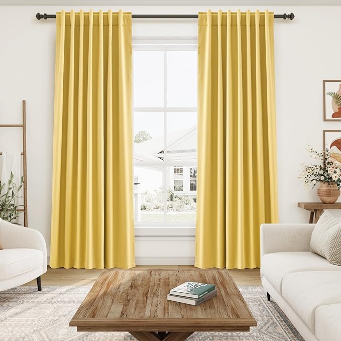 Nanspring Gold Yellow Linen Curtains 90 Inches Long Loop Pocket Rod Pocket Thermal Insulated Flax Linen Sound Proof Sun Block Out 2 Panels Set for Nursery Rustic Farmhouse Curtains Drapes 52x90