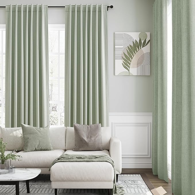 Mist Sage Linen Blackout Curtains 90 Inches Long Loop Pocket Rod Pocket Thermal Insulated Noise Cancelling Room Darkening 2 Panels Set for Living Room Elegant Modern Curtains Drapes 52x90