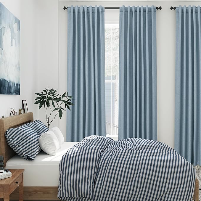 Nanspring Blue Linen Kitchen Curtains Back Tab Rod Pocket Drapes Thermal Insulated Textured Short 100% Blackout Curtains 2 Panels Set 52x45
