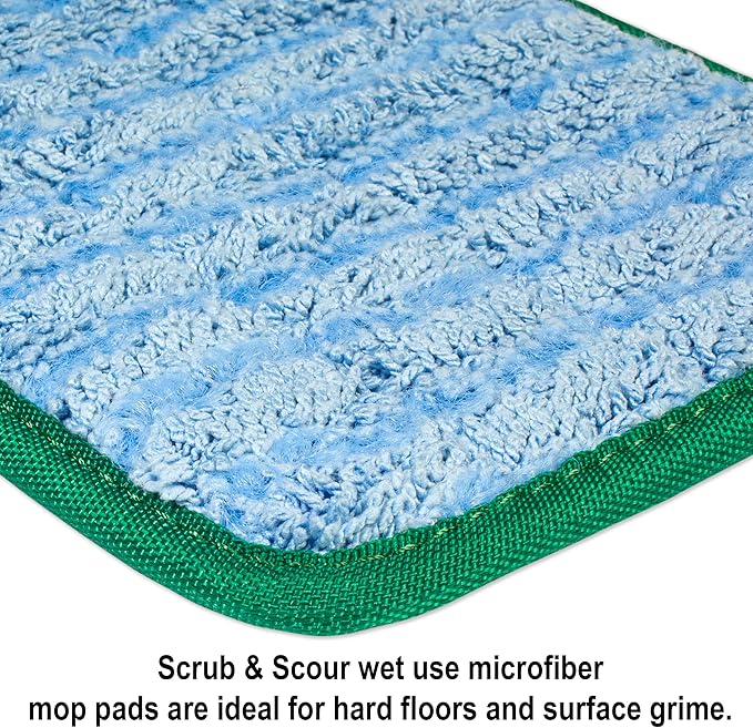 CleanAide Twist Yarn Microfiber Flat Mop Pad with Scrub Strips, Reusable Washable Wet & Dry for Dust, Dirt & Grime, Extra Absorbent, Hook and Loop Backing, Fits Standard 24 Inch Frames, Green
