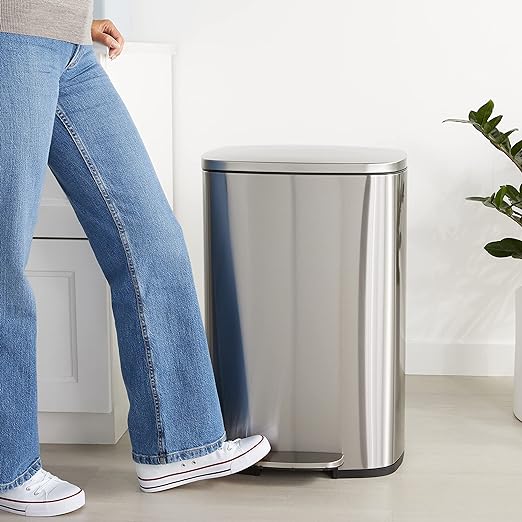 Amazon Basics Smudge Resistant Rectangular Trash Can With Soft-Close Foot Pedal, Brushed Stainless Steel, 50 Liter/13.2 Gallon, Satin Nickel Finish, 16.7"L x 14.7"W x 25.9"H