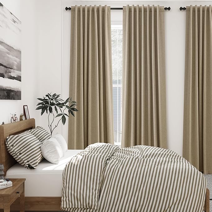 Extra Long Blackout Curtains 108 Inches Long Tan Brown Modern Linen Back Tab Rod Pocket Curtains for Sliding Glass Doors Thermal Light Blocking Floor Length Windows Drapes With White Backing 9Ft