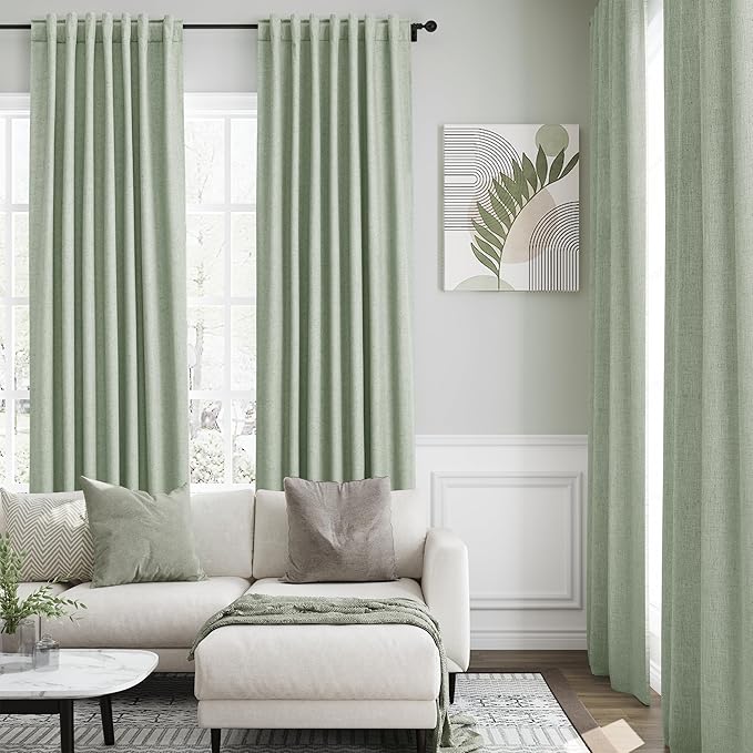 Light Sage Linen Blackout Curtains 120 Inch Length 2 Panels Set Burg Extra Long 10 Ft Back Tab Pocket Drapes Cotton Textured Total Sun Blocking Curtains for Living Room Cottage High Window 52x120