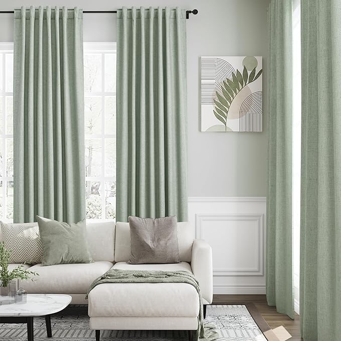 Nanspring 100% Blackout Linen Curtains 120 Inch Long 2 Panels Desert Sage Modern Urban Drapes Extra Long 10 FT Back Tab Pocket Thermal Insulated Curtains for Dining Room High Ceiling 52X120