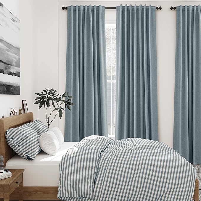Extra Long Blackout Curtains 108 Inches Long Dark Blue Modern Linen Back Tab Rod Pocket Curtains for Sliding Glass Doors Thermal Light Blocking Floor Length Windows Drapes With White Backing 9Ft