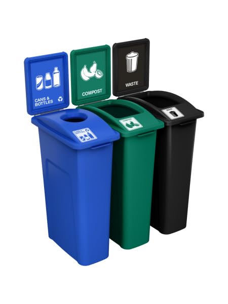 Waste Wise 69 Gallon Recycled HDPE Waste and Recycling Center for Commercial Spaces for Organics, Cans, Waste with Lids with Signs