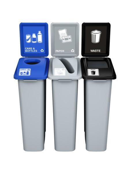 Waste Wise 69 Gallon Recycled HDPE Waste and Recycling Center for Commercial Spaces for Organics, Recycling, Waste with Lids with Signs