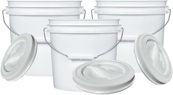 House Naturals 2 Gallon Bucket with Screw on Lid - Pack of 3 Made in USA Containers (White Buckets with White Lids)