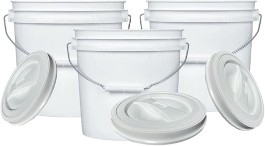 House Naturals 2 Gallon Bucket with Screw on Lid - Pack of 3 Made in USA Containers (White Buckets with White Lids)