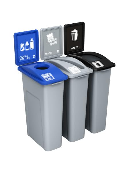 Waste Wise 69 Gallon Recycled HDPE Waste and Recycling Center for Commercial Spaces for Organics, Recycling, Waste with Lids with Signs