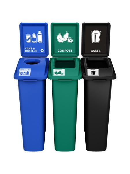 Waste Wise 69 Gallon Recycled HDPE Waste and Recycling Center for Commercial Spaces for Organics, Cans, Waste with Lids with Signs