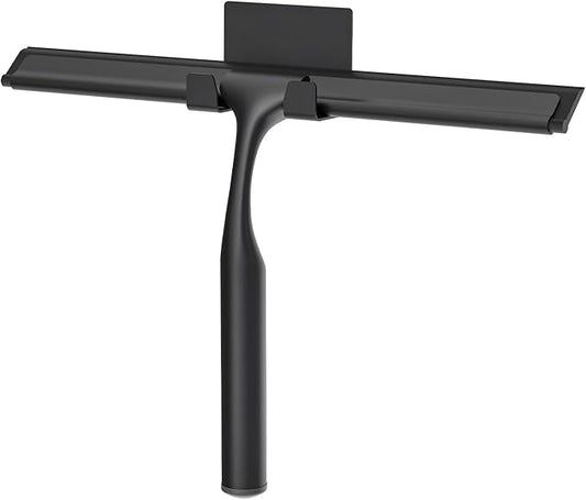 Stainless Steel Shower Squeegee for Glass Doors, Multi-Purpose Squeegee for Shower Glass, Bathroom and Car Windows, Squeegee with Adhesive Hook-10”, Black