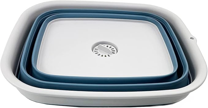 SAMMART 15L (3.9 Gallon) Collapsible Dishpan with Draining Plug - Foldable Washing Basin - Portable Dish Washing Tub - Camping & Space Saving Kitchen Storage Tray (Grey/Steel Blue)